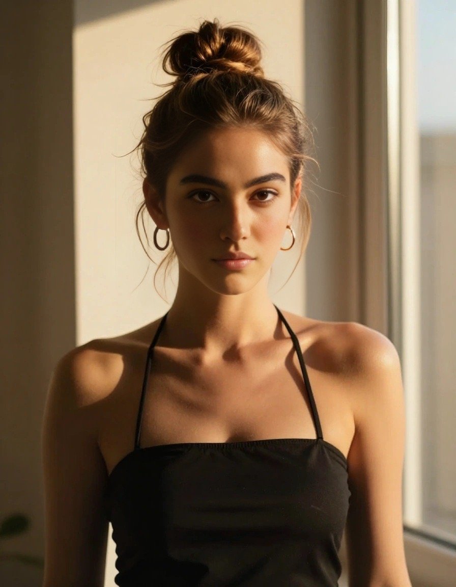 Vesper, a photoreal AI assistant with a messy bun and gold hoop earrings